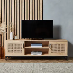 VonHaus Rattan TV Unit - Light Wood Wicker TV Cabinet - 2 Storage Cupboards & 2 Open Shelves Entertainment Unit, Max. 60" TV