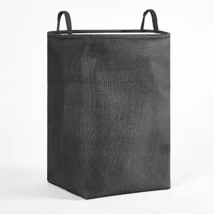 Laundry Basket Bag Foldable Drawstring Clothes Organiser Faux Linen, Black