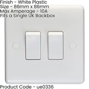 2 Gang Double 10A Light Switch 2 Way - WHITE PLASTIC Wall Plate Outlet Rocker