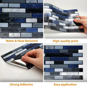 Walplus Lux Touch Grey And Blue Marble Long Mosaic Wall 2D Tile Stickers 11.2 x 5.5 inches / 28.5 x 14 cm 12 Pcs