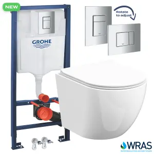 Grohe 1.13m Concealed Frame Cistern Set & Bubly Bathrooms™ Rimless D Shape Wall Hung Toilet - Hidden Fixation