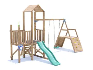 Dunster House Wooden Climbing Frame with Two Swings, Climbing Wall & Slide BalconyFort High Platform