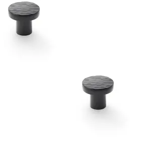 2 PACK - Slim Hammered Door Knob - Matt Black 30mm Round Cupboard Cabinet Pull Handle