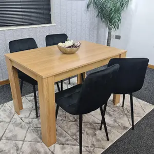 Dining Table and 4 Chairs Oak Effect Wood 4 Black Velvet Chairs Dining Room