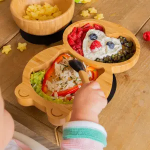 Tiny Dining 4pc Penguin Bamboo Suction Baby Feeding Set - Olive Green