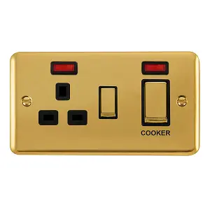 Curved Polished Brass Cooker Control Ingot 45A With 13A Switched Plug Socket & 2 Neons - Black Trim - SE Home