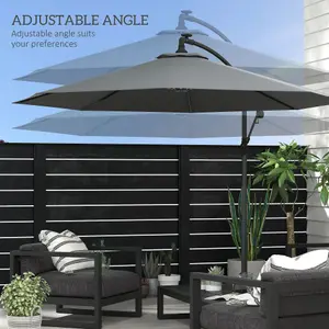 Outsunny 3(m) LED Patio Banana Umbrella Cantilever Parasol w/ Crank, Grey