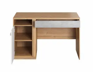 Modern Plano Computer Desk with Drawer and Shelf in White, Concrete & Oak Nash (H)760mm (W)1200mm (D)550mm - Ideal for Home Office