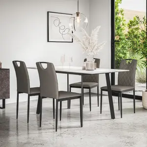 Haydon Extending Dining Table + Chairs- White Marble Effect Table Top w Black Legs + 4 Monza Faux Leather Dining Chairs (Grey)