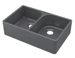 795mm - Fireclay Kitchen Double Bowl Butler Sink with Full Weir - Soft Black