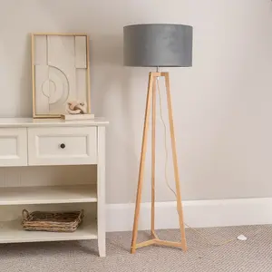 ValueLights Lottie Natural Wood Tripod Floor Lamp with Grey Velvet Drum Shade - LED Bulb Included