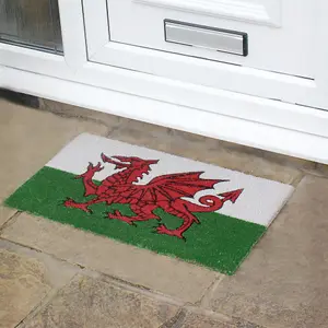 JVL Wales Welcome Coir Coconut Door Mat, 30x60cm, Cymru Welsh Dragon