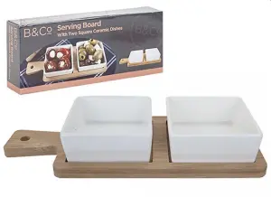 MantraRaj Serving Board With Two Square Ceramic Dishes Bamboo Serving Tray Sauce 2 Piece Set