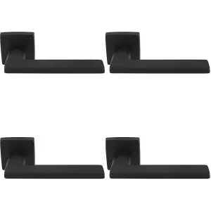 4 PACK - Premium Sleek Slim Door Handle Set - Matt Black Angled Lever on Square Rose