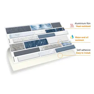 Walplus Purity Stone Blue And Grey Mosaic Wall 2D Tile Stickers Multipack 36Pcs