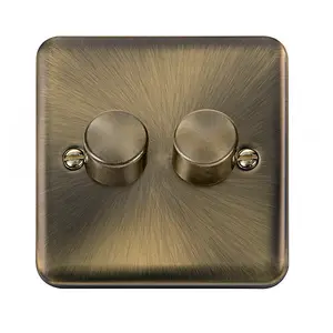 Curved Antique Brass 2 Gang 2 Way LED 100W Trailing Edge Dimmer Light Switch - SE Home