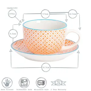 Nicola Spring - Hand-Printed Cappuccino Cup & Saucer Set - 250ml - Orange - 24pc