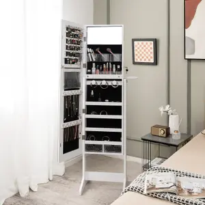 Costway Armoire Jewelry Cabinet w/ Full-length Mirror 3-Color Led Lights & Hair Dryer Holder