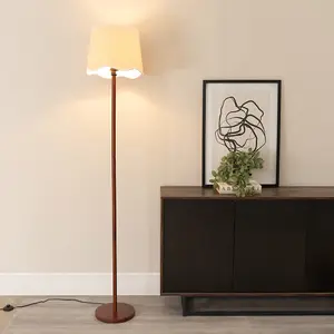 ValueLights Heather Dark Wood Single Stem Floor Lamp with Scallop White Trim Tapered Shade