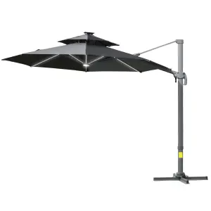 Outsunny 3m Cantilever Parasol Solar Lights Power Bank Base 360 degree Spin Dark Grey