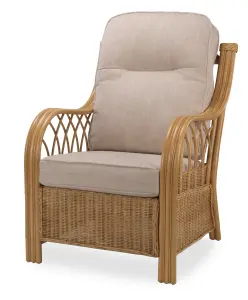 Desser Viola Light Oak Natural Rattan Conservatory Armchair Real Cane Indoor Wicker Chair with UK Sewn Cushion in Biscuit