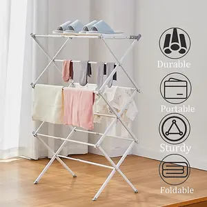 3 Tier Extendable Compact Clothes Airer With 7.5m Washing Line Drying Space Towel Rack - White