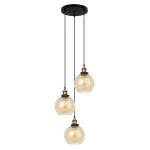 Luminosa Industrial And Retro Hanging Pendant Black, Gold 3 Light  with Amber Shade, E27 Dimmable