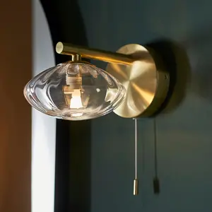 Satin Brass Bathroom Wall Light & Ribbed Glass Shade - IP44 Rated Modern Sconce