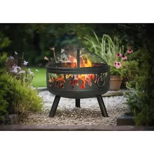 Premium Round Fire Pit Wood Burner and BBQ Grill Set with Weatherproof Cover for Outdoor Dining