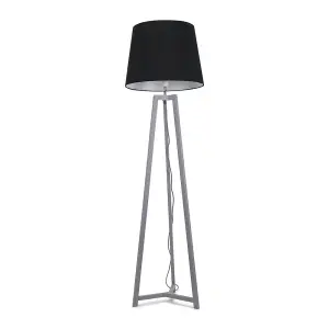 ValueLights Lottie Grey Wood Tripod Floor Lamp with Black Tapered Shade