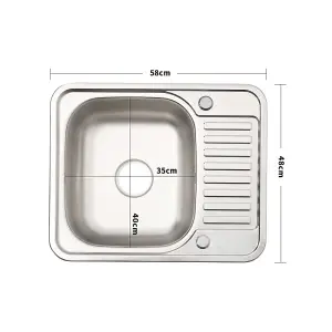 Single Bowl Large Inset Stainless Steel Catering Kitchen Sink with Drainer for Kitchen Bar 580mm x 480mm