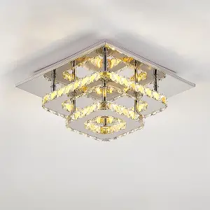 Modern Double Tiers Square Crystal Chrome Effect LED Ceiling Light Fixture Dimmable