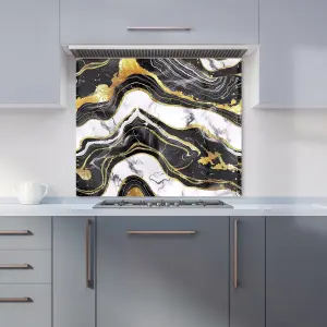 Black And Gold Marble Effect Premium Glass Kitchen Splashback W900mm x H650mm