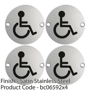 4 PACK - Bathroom Door Disabled Symbol Sign 64mm Fixing Centres 76mm Dia Satin Steel