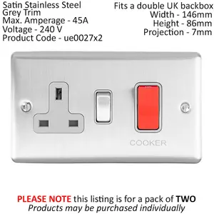 2 PACK 45A DP Oven Switch & Single 13A Switched Power Socket SATIN STEEL & Grey