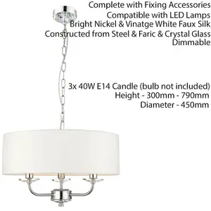 Multi Light Ceiling Pendant 3 Bulb NICKEL & WHITE Chandelier Large Shade Lamp