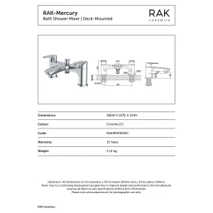 RAK Mercury Polished Chrome Modern Bath Shower Mixer Tap Solid Brass