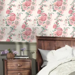 Laura Ashley Hollyhocks Coral Pink Floral Smooth Wallpaper Sample