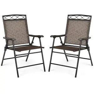 Costway Set of 2 Patio Folding Chairs Sling Chairs Armchair Dining Chair Set w/ Armrest