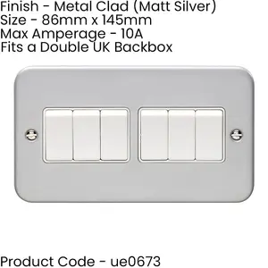 2 PACK 6 Gang Multi Light Switch 2 Way 10A HEAVY DUTY METAL CLAD - White Rocker