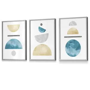 Set of 3 Yellow and Aqua Blue Abstract Mid Century Geometric Wall Art Prints / 30x42cm (A3) / Light Grey Frame