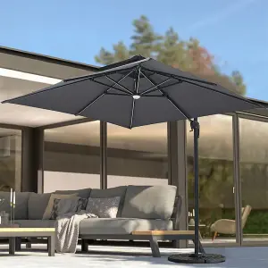 Dark Grey Outdoor Large Square Tilting Canopy LED Cantilever Parasol with Fillable Base 3M