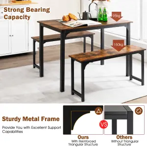 Costway 3 PCS Dining Table Set Space-Saving Kitchen Table Set w/2 Benches