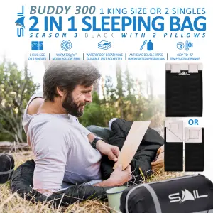 SAIL Waterproof Double Sleeping Bag with 2 Pillows Extra Large 3-4 Season - Black