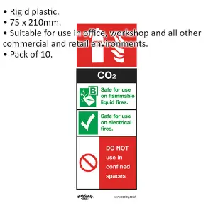 10x CO2 FIRE EXTINGUISHER Health & Safety Sign Rigid Plastic 75 x 210mm Warning