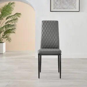 Set of 4 Milan Elephant Grey High Back Soft Touch Diamond Pattern Faux Leather Black Powder Coated Metal Leg Dining Chairs