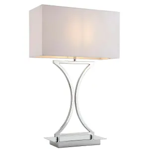 Modern Table Lamp Light Chrome Metal & White Fabric Shade Square Desk Sideboard