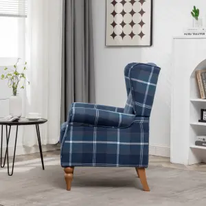 Wingback Tartan Armchair Soft Padded Retro Check Leisure Chair Fabric Lounge for Living Room Bedroom - Blue