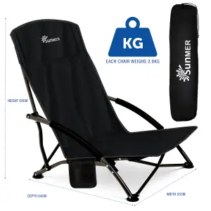 SUNMER Set of 2 Foldable Beach Chair with Side Pocket - Black