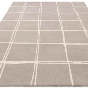 Grey Chequered Wool Modern Shaggy Handmade Rug For Living Room Bedroom & Dining Room-160cm X 230cm